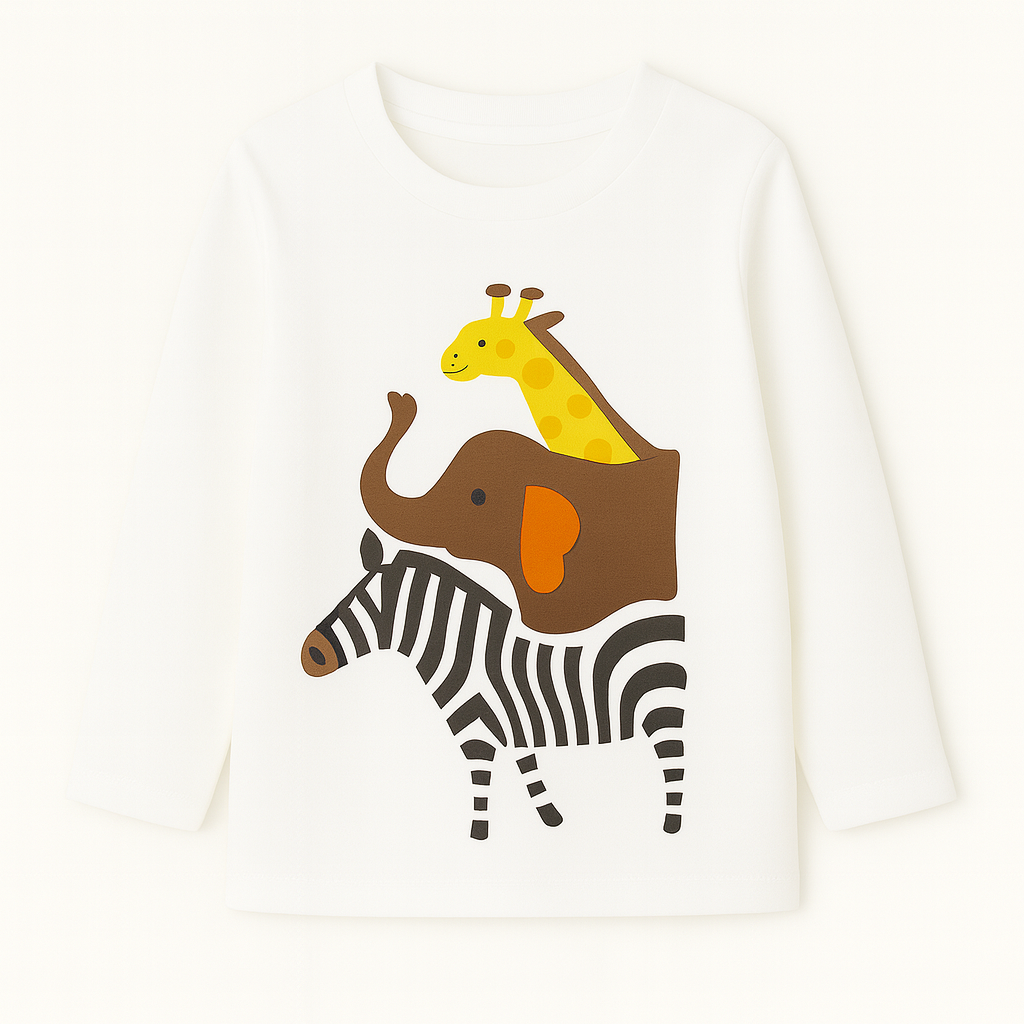 Boys White Giraffe, Elephant, Zebra Black Full Sleeves T-Shirt