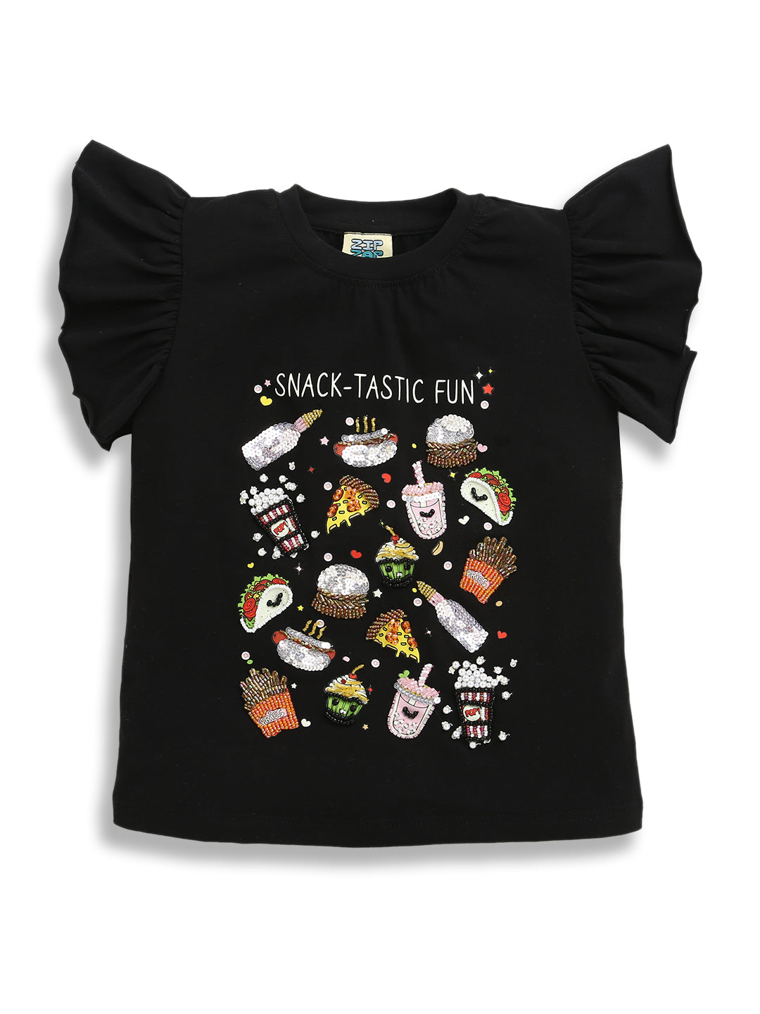 Black Short Sleeve Snacks Tastic Fun Embellished Cotton T-shirt & Blue Embellished Denim Skirt Co-ord Set