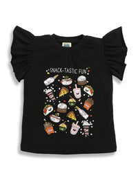 Black Short Sleeve Snacks Tastic Fun Embellished Cotton T-shirt & Blue Embellished Denim Skirt Co-ord Set