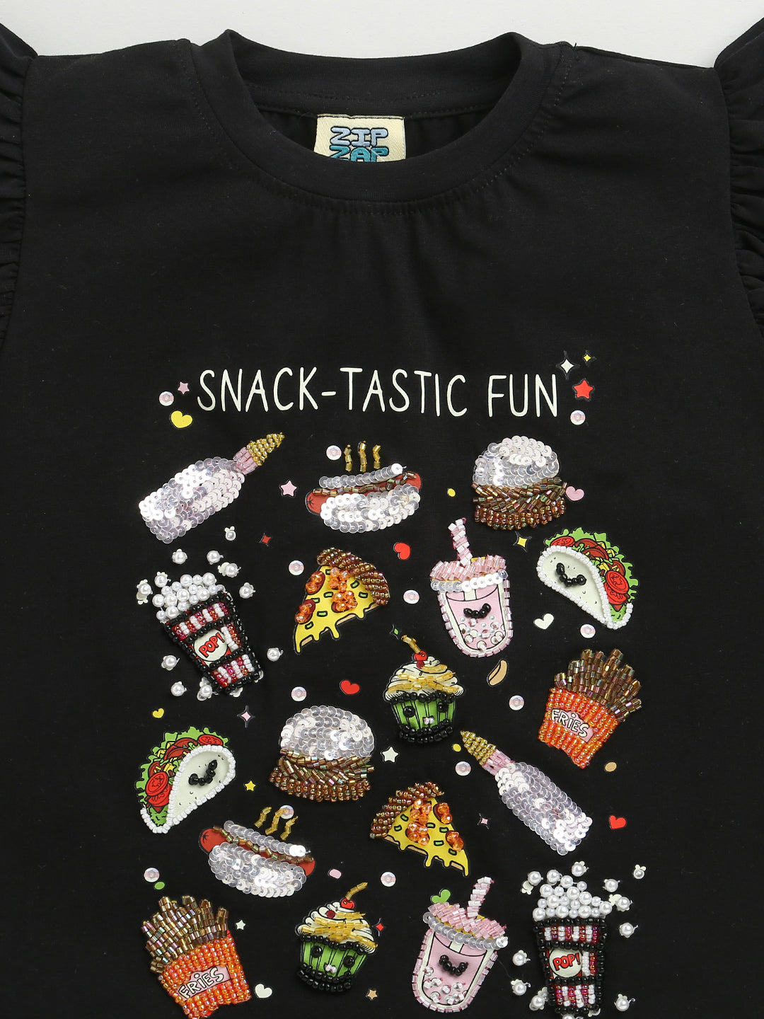 Black Short Sleeve Snacks Tastic Fun Embellished Cotton T-shirt & Blue Embellished Denim Skirt Co-ord Set