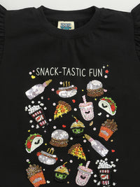 Black Short Sleeve Snacks Tastic Fun Embellished Cotton T-shirt & Blue Embellished Denim Skirt Co-ord Set
