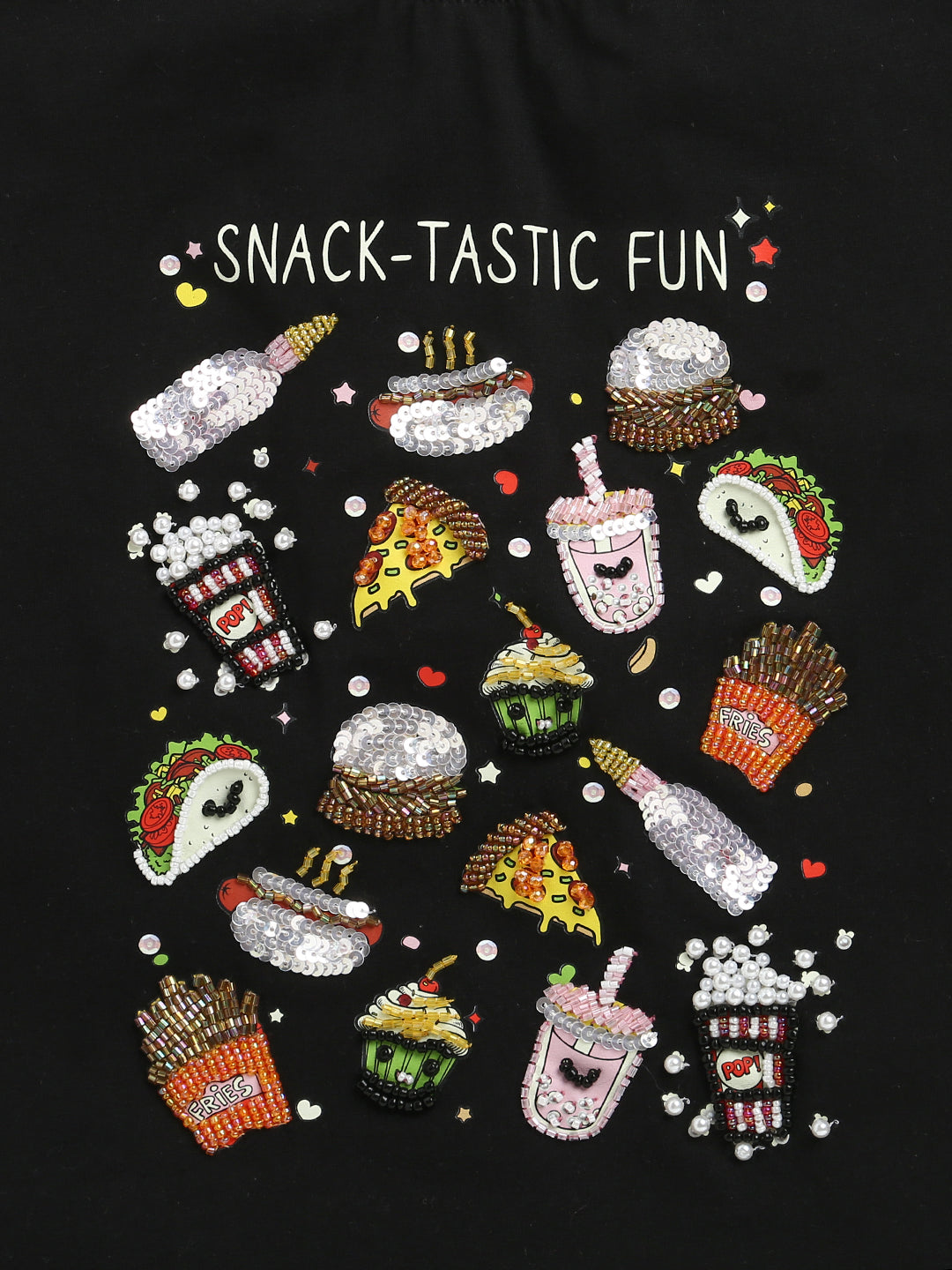 Black Short Sleeve Snacks Tastic Fun Embellished Cotton T-shirt & Blue Embellished Denim Skirt Co-ord Set
