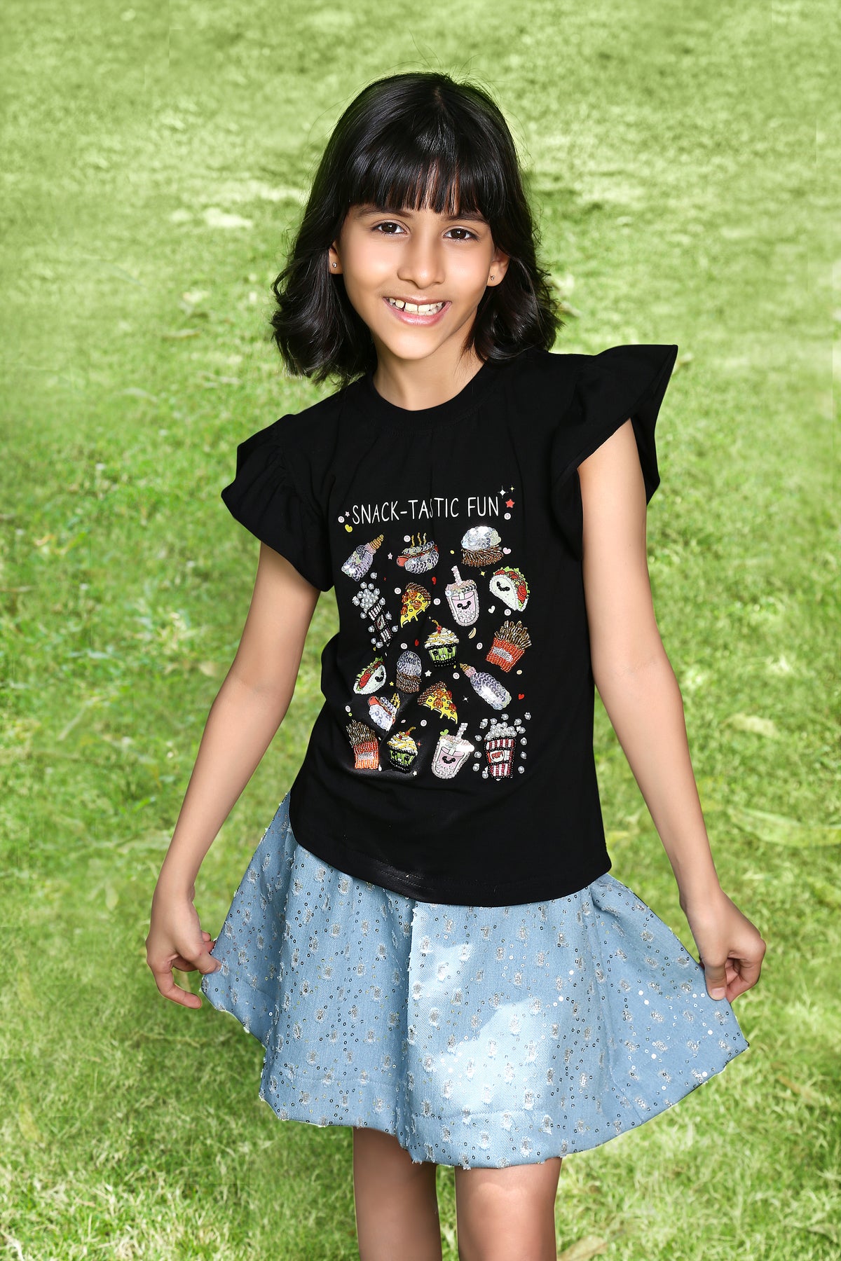 Black Short Sleeve Snacks Tastic Fun Embellished Cotton T-shirt & Blue Embellished Denim Skirt Co-ord Set