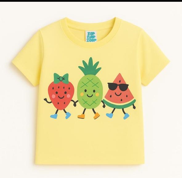 Girls Yellow Round Neck Fruit Print Pure Cotton T-Shirt