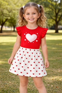 RED HEART T-SHIRT WITH CUTE WHITE HEART PRINT GIRLS CO-ORD SET