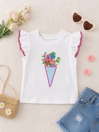 WHITE HAND EMBROIDERY FLOWER CONE POPPING  T-SHIRT