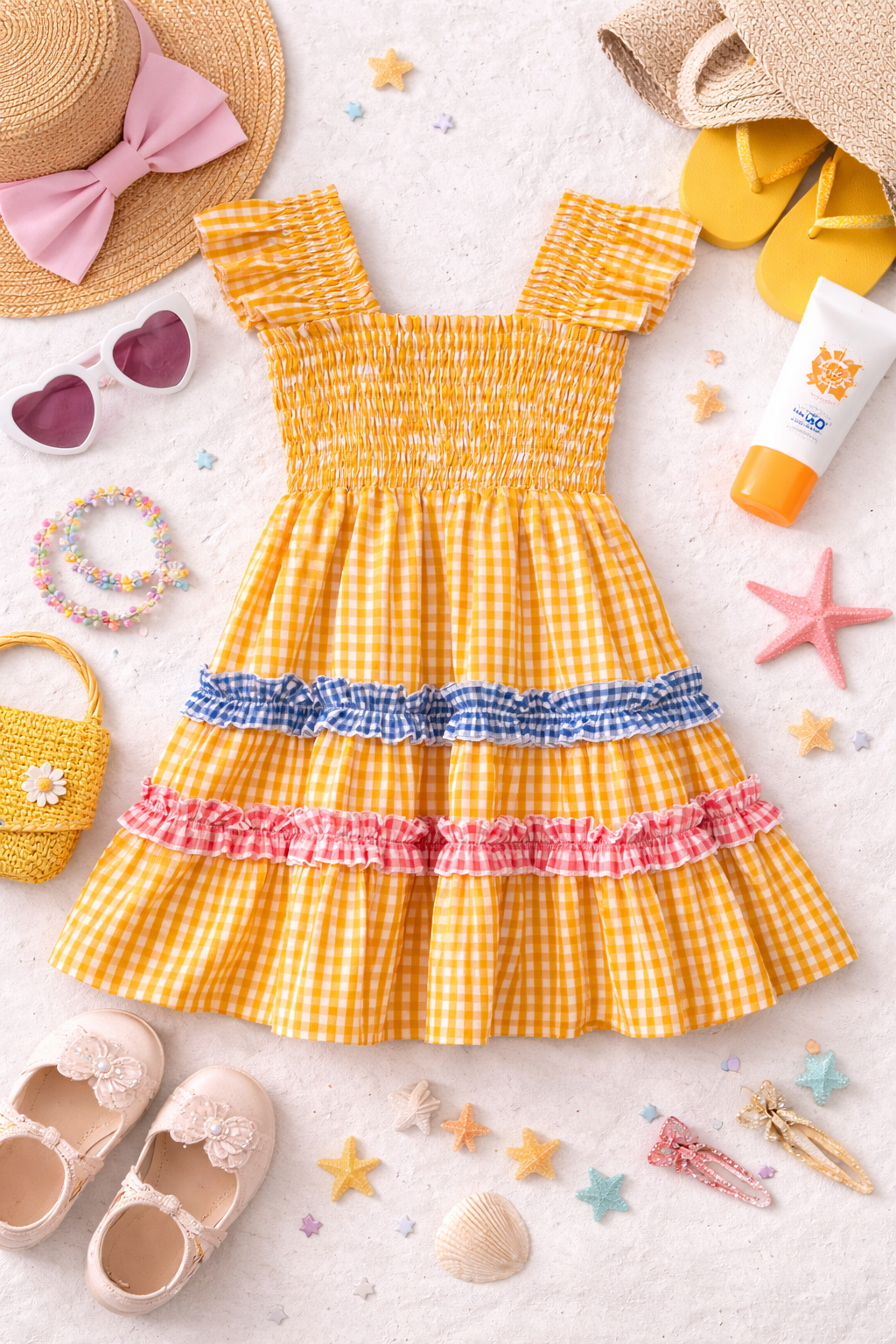 YELLOW SMOCK DRESS WITH BLUE & PINK RUFFLE DRESS