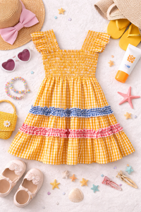 YELLOW SMOCK DRESS WITH BLUE & PINK RUFFLE DRESS