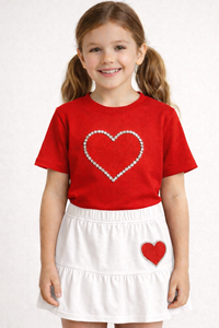 RED HEART T-SHIRT WITH HAND EMBROIDERY WITH WHITE SKIRT CO-ORD SET