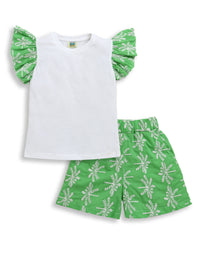 White & Green Frill Short Sleeve Flower Embroidered Top & Short Co-ord Set