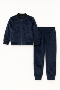 Girls Velvet Blue Jacket and Pant with Black Ribbed Borders