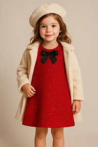 Girls Festive Red Tweed Sequin Dress with Black Bow Detail