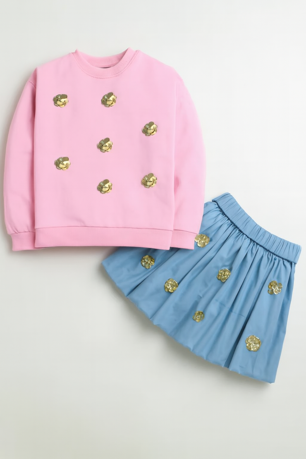 Pink Sweatshirt With Golden Flowerw And Blue Skirt