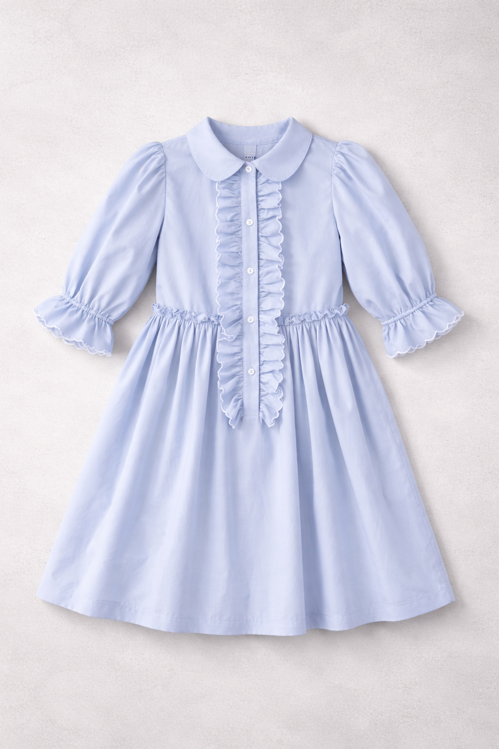Girls Blue Frill Dress – Long Sleeve Cotton Dress with Ruffle Detail