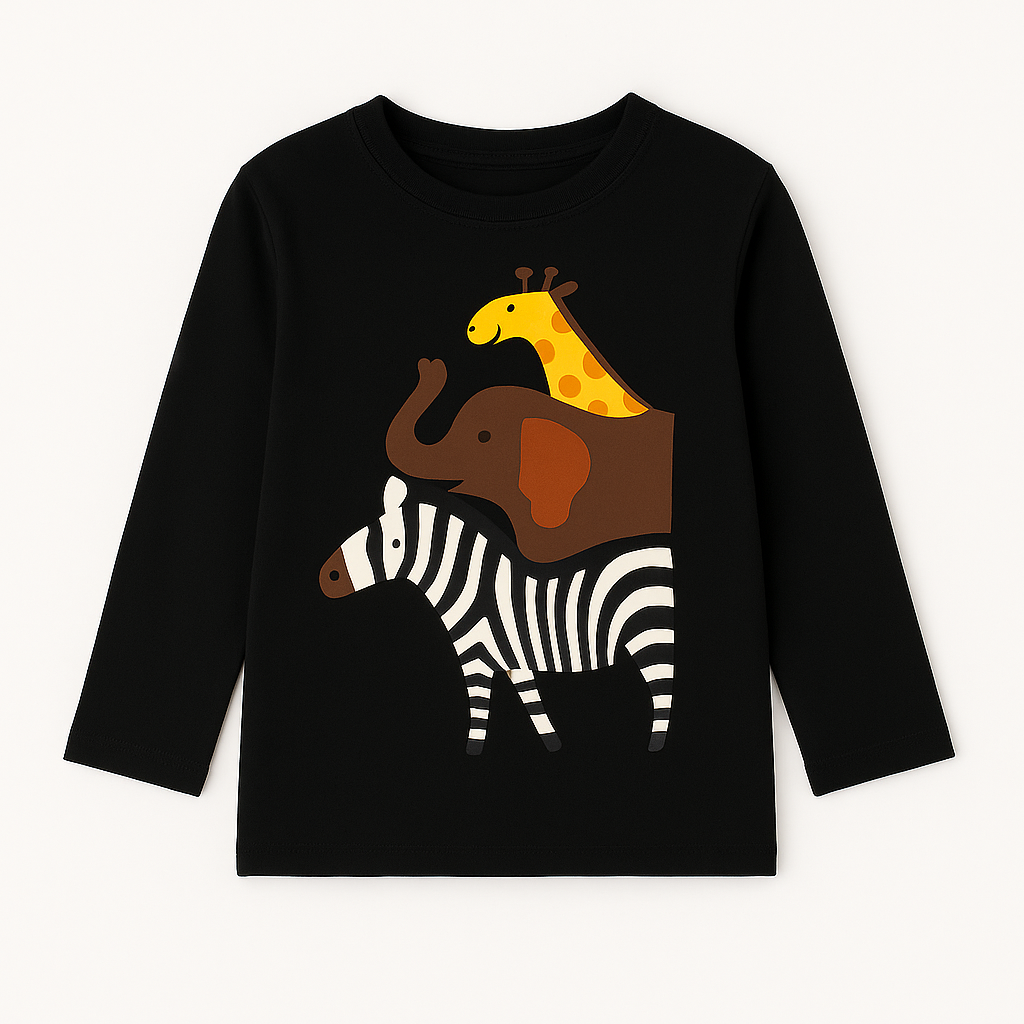 Boys Black Giraffe, Elephant, Zebra Black Full Sleeves T-Shirt