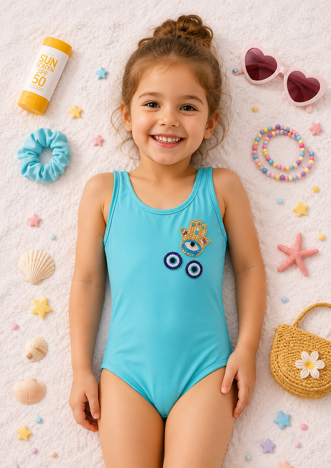 STLYISH LIGHT BLUE SWIMSUIT WITH HAND EMBROIDERY EVIL EYE PATCH FOR GIRLS