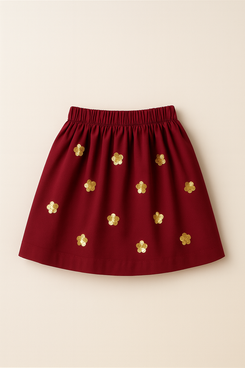 Sequin Flower Black Shirt with Maroon Sequin Flared Skirt