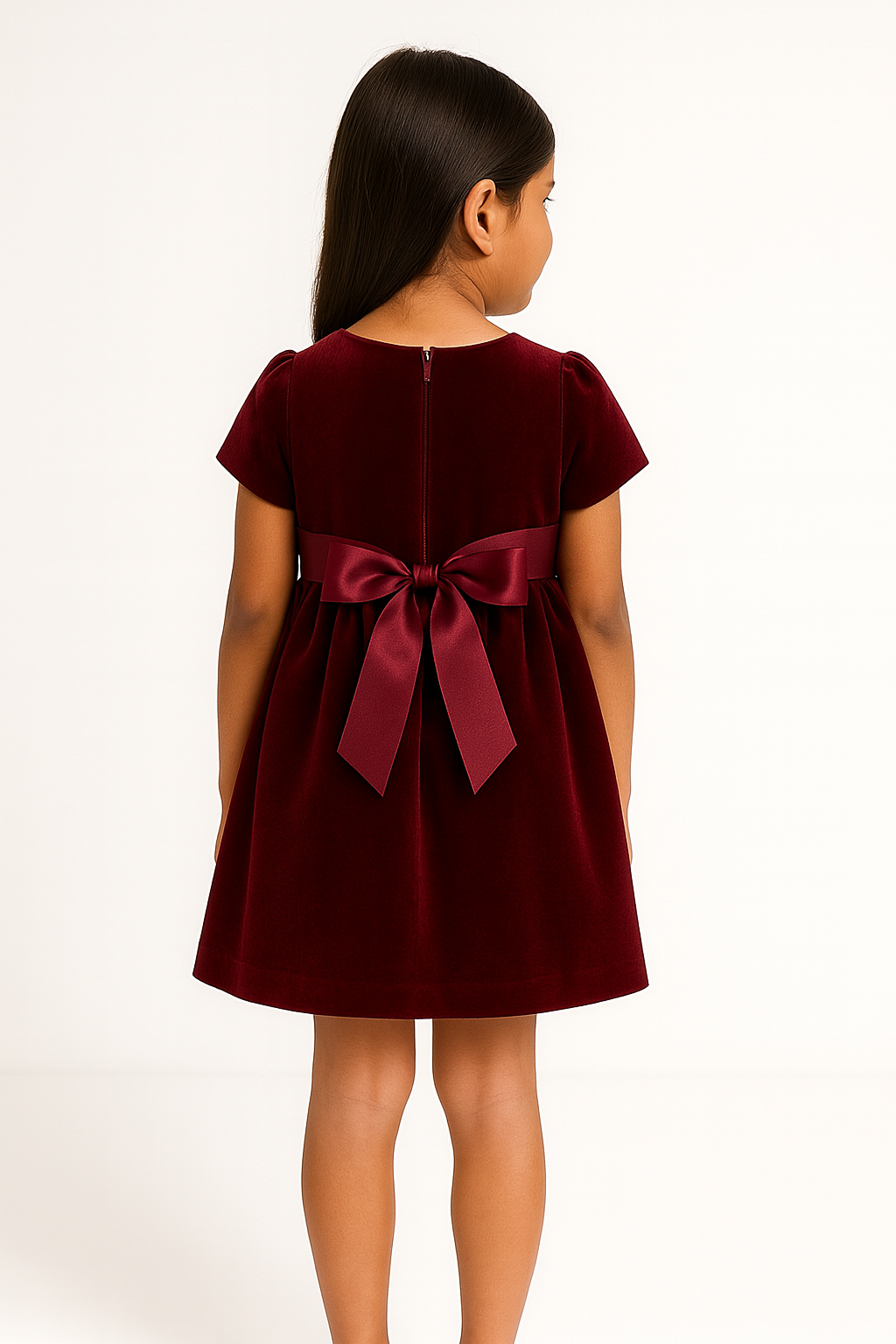 Girls Festive Maroon Velvet Dress with Bow Detail