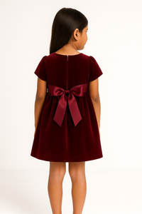 Girls Festive Maroon Velvet Dress with Bow Detail