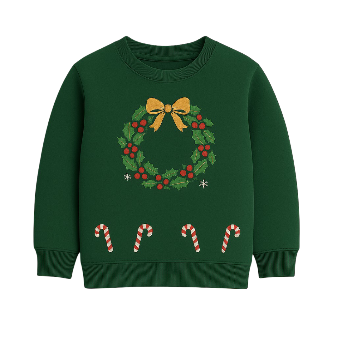 Green Christmas Candy Wreath Print Sweatshirt with Red Embellished Skirt