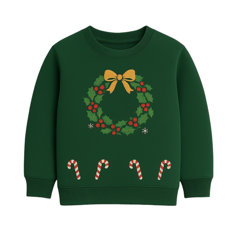 Green Christmas Candy Wreath Print Sweatshirt with Red Embellished Skirt