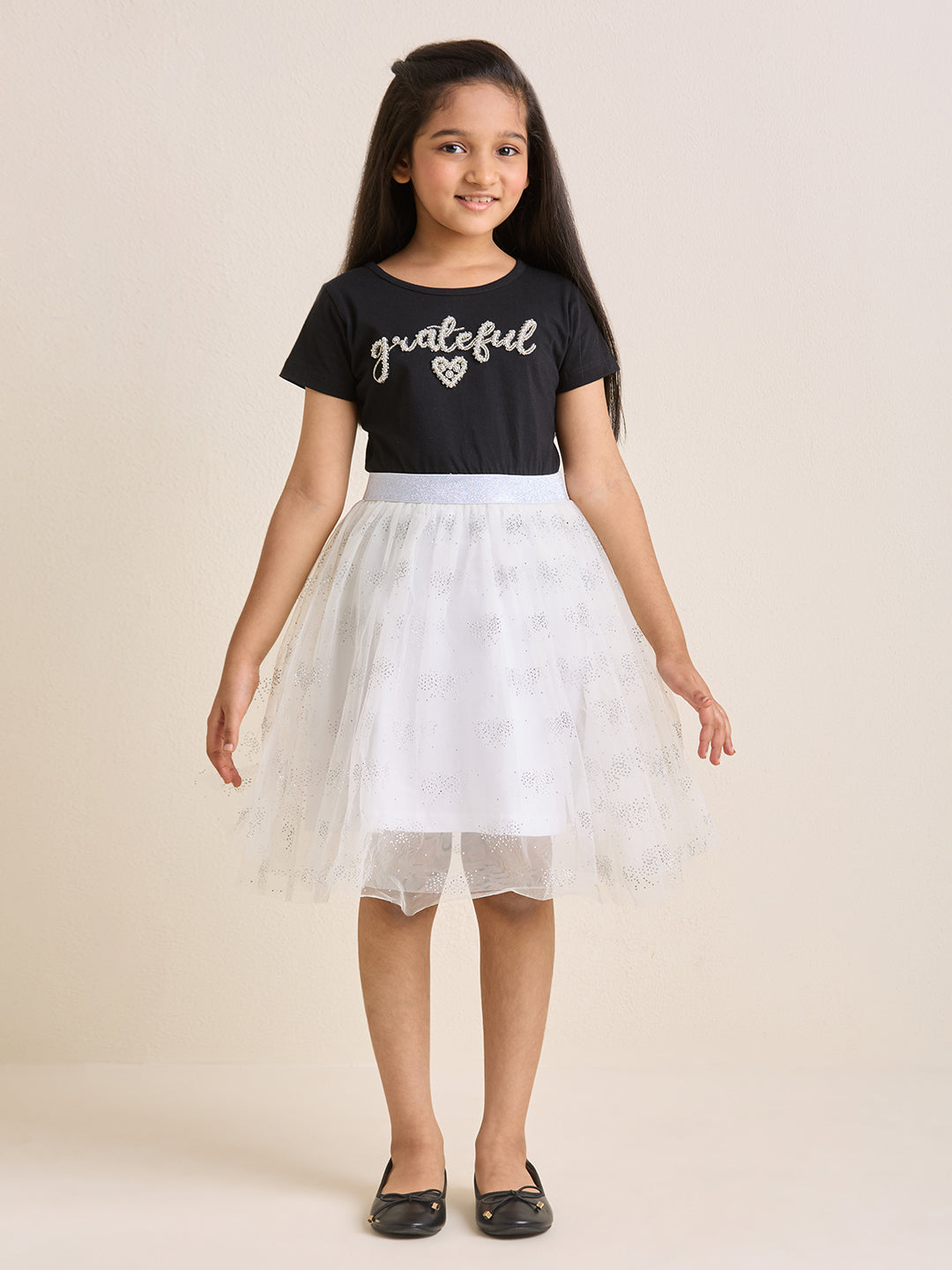 ZIP ZAP ZOOP Girls Dress Black & White "Grateful" Pearl Embroidery Half Sleeve Dress