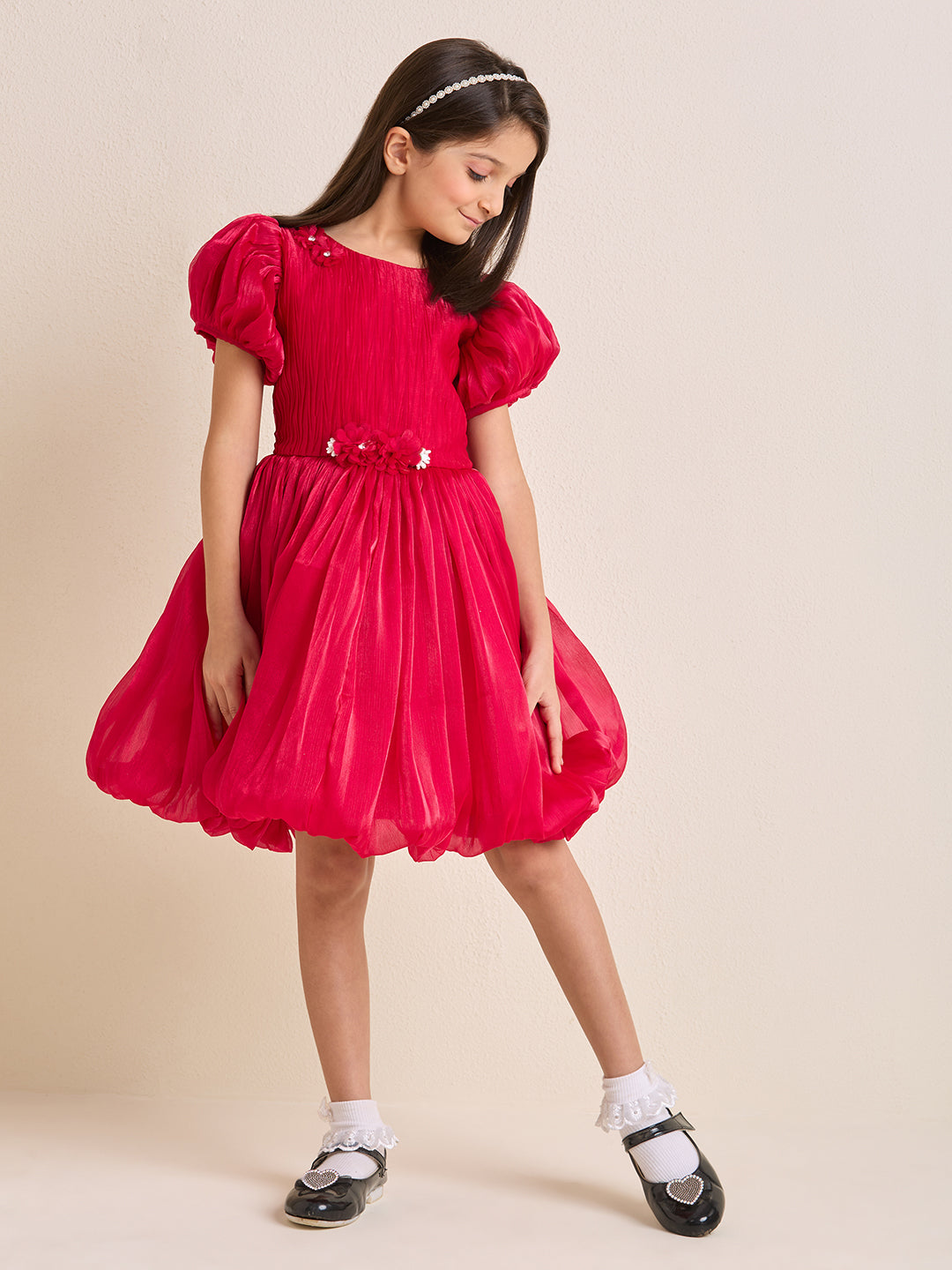 Girls Red Puff-Sleeve Flare Dress with Floral Waist Detail | Party & Occasion Wear