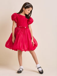Girls Red Puff-Sleeve Flare Dress with Floral Waist Detail | Party & Occasion Wear