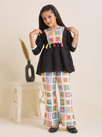 Girls Black Printed Kurta with Floral Printed White Pants Set (2pc Set)