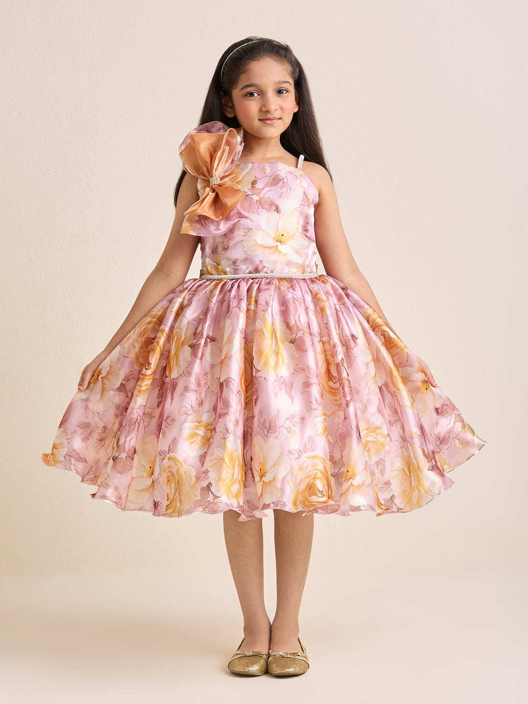 Girls Pink Peach Floral Organza Party Dress with Big Bow & Flare