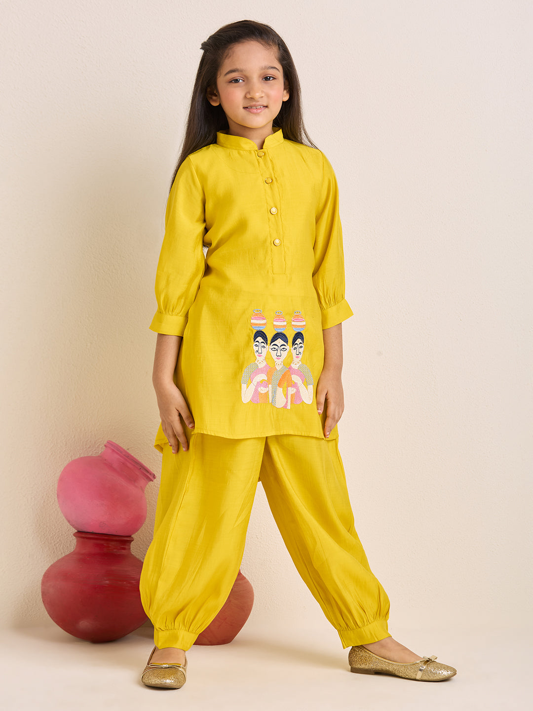 Girls Yellow Kurta Set with Balloon Salwar Pants & Girls Matki Motif Embroidery (2pc Set)