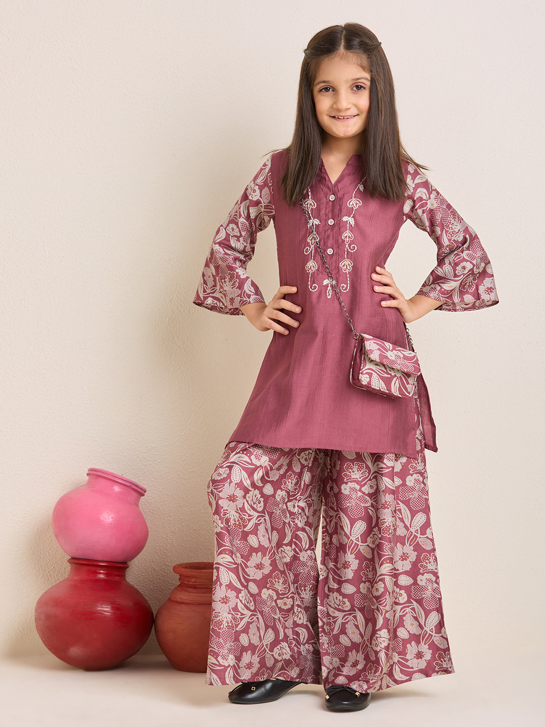 Girls Purple  Mauve Ethnic Kurta & Palazzo Set with Embroidery and Matching Purse