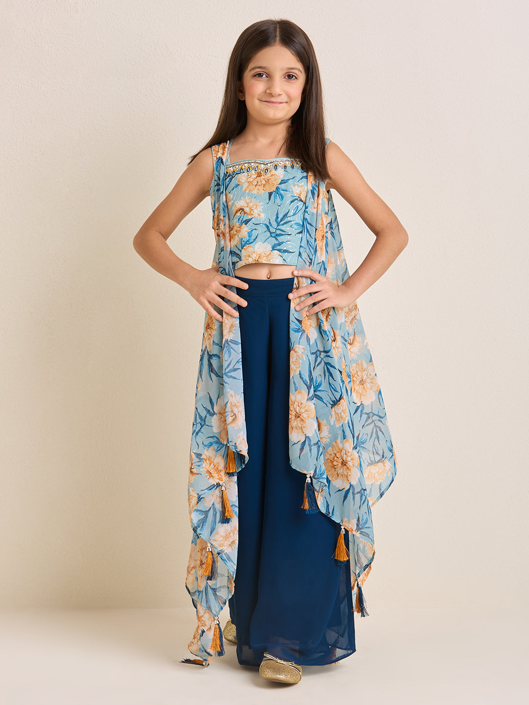 Girls Floral Blue Ethnic Pallazo Pants & Crop Top Set with Cape Kaftan Jacket (3pc Set)