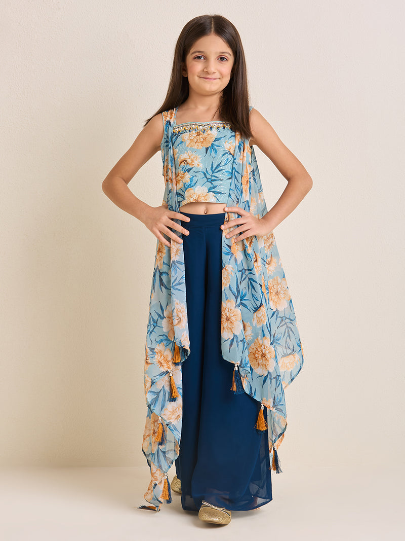 Girls Floral Blue Ethnic Pallazo Pants & Crop Top Set with Cape Kaftan Jacket (3pc Set)