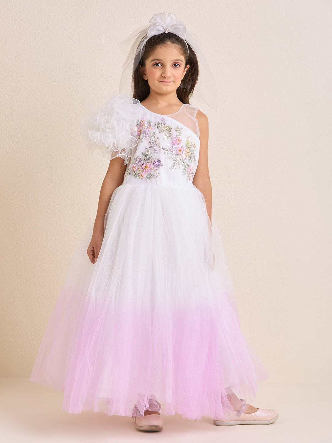 Girls White Pink Party Dress Puffed One Shoulder Shaded Princess Gown with Hand Embroidery