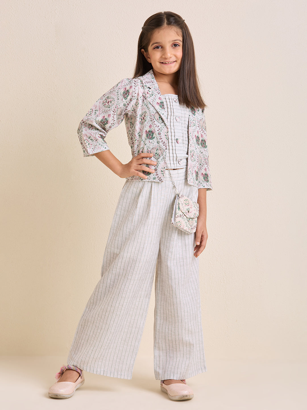 Girls Off White Floral Jacket with Crop & Pants Set Ethnic with Matching Purse (4pc Set)