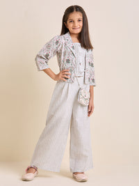 Girls Off White Floral Jacket with Crop & Pants Set Ethnic with Matching Purse (4pc Set)