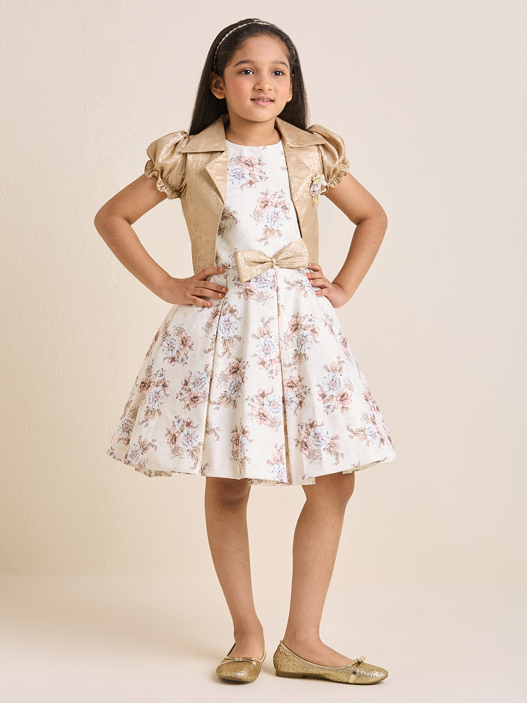Girls Off White & Cream Floral Fit & Flare Dress with Gold Shrug & Bow Detail | Party & Occasion Wear |