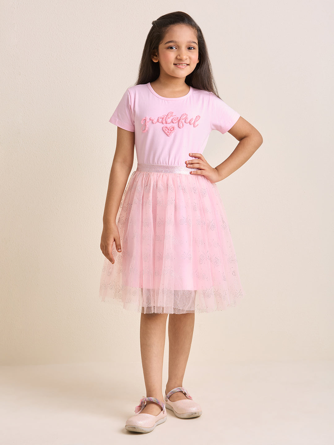 ZIP ZAP ZOOP Girls Dress Pink "Grateful" Pearl Embroidery Half Sleeve Dress