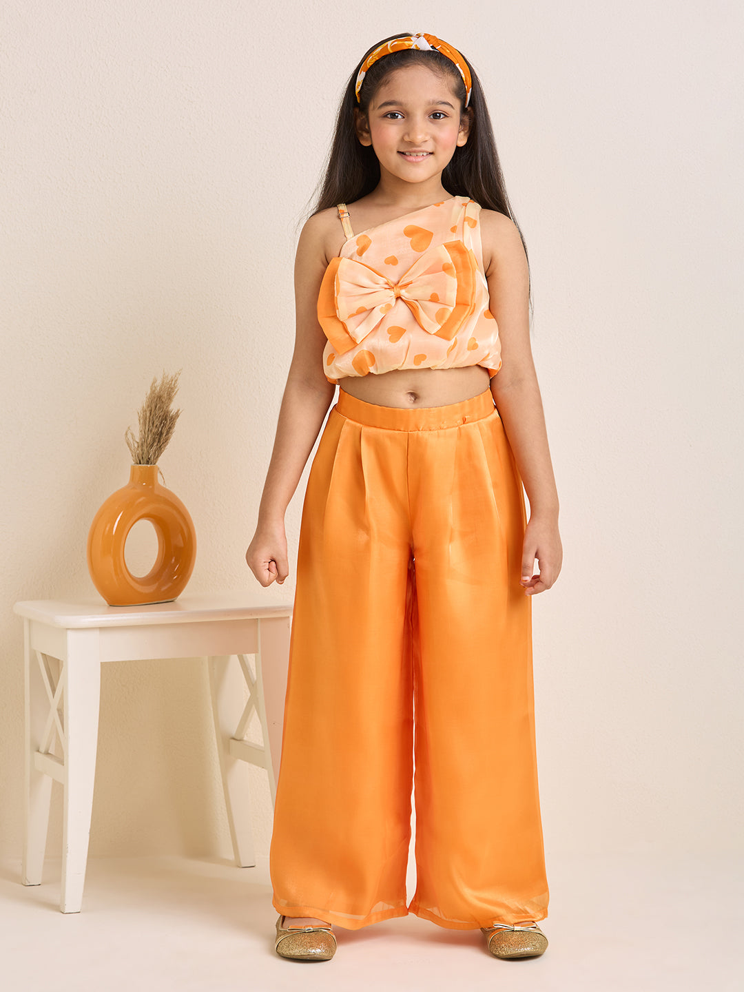 Girls Orange One Shoulder Crop Top & Pants Set with Big Bow Heart Print (2pc Set)