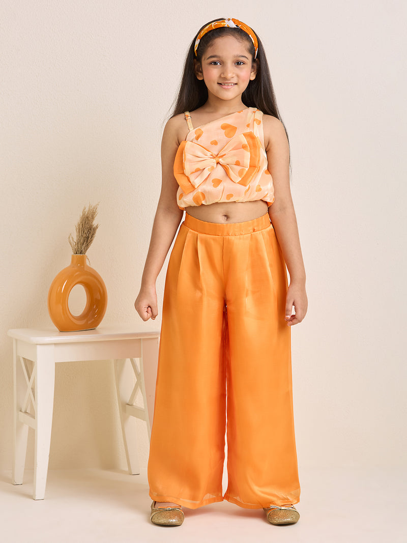 Girls Orange One Shoulder Crop Top & Pants Set with Big Bow Heart Print (2pc Set)