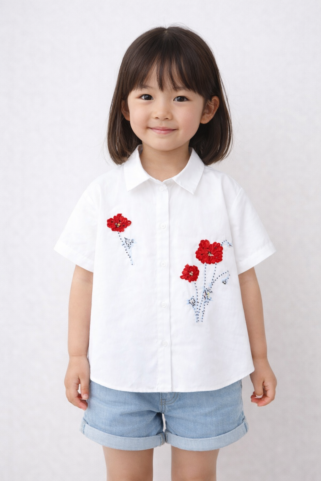 Girls White Cotton Shirt – Half Sleeve Button Down with Red Flower Embroidery