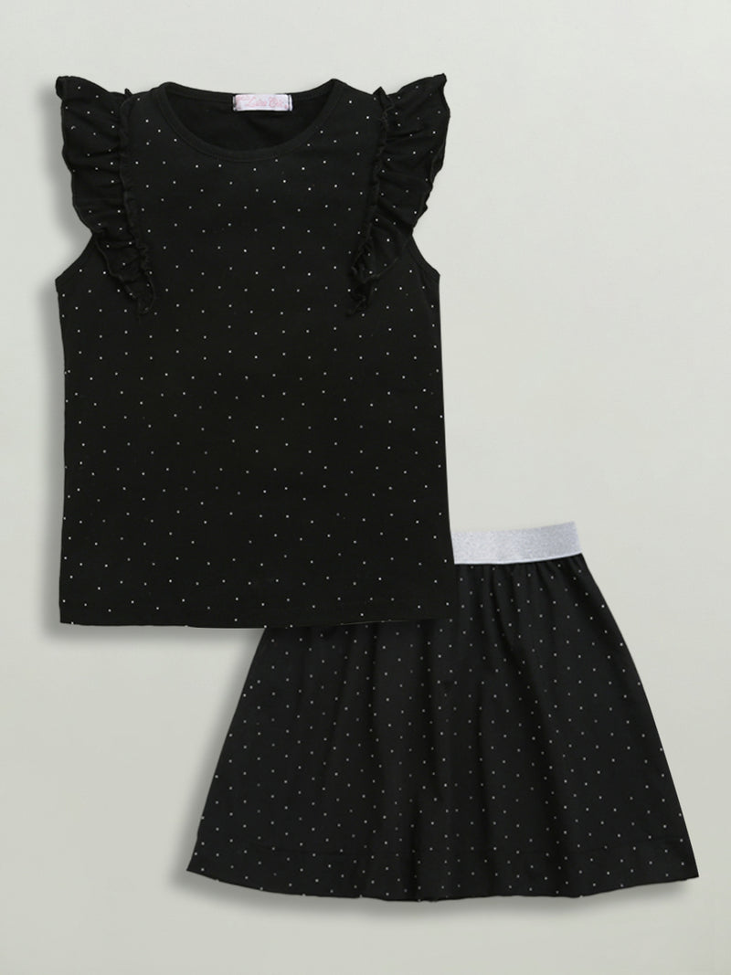 Black Sleeveless Embellished T-shirt & Skirt Cotton Co-ord Set
