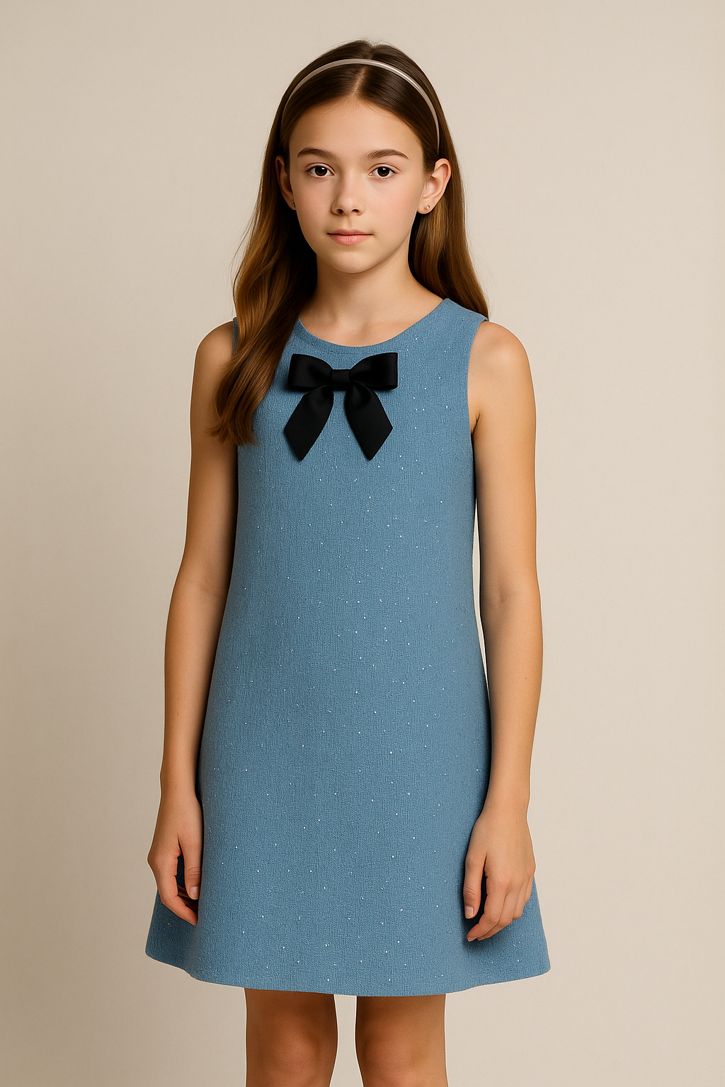 Girls Light Blue Jacquard Sleeveless Black Bow Dress