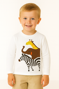 Boys White  Giraffe, Elephant, Zebra Black Full Sleeves T-Shirt