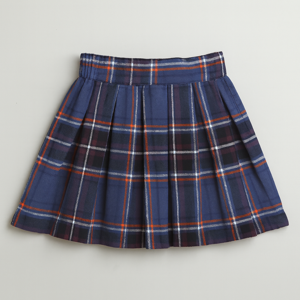 Girls Blue Checks Skirt With White Sweatshirt And Bows