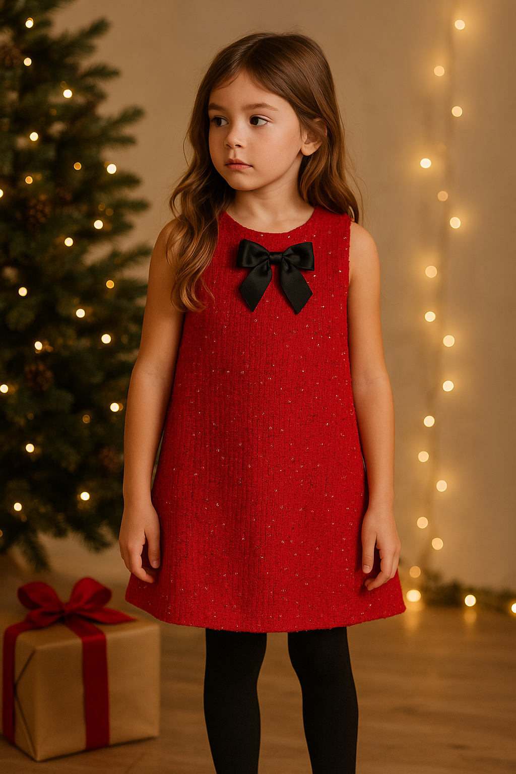 Girls Festive Red Tweed Sequin Dress with Black Bow Detail