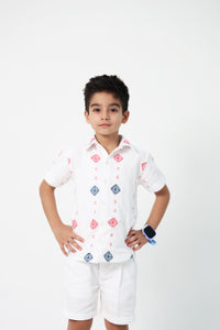 White Boys Embroidered Shirt & Shorts Co-ord Set