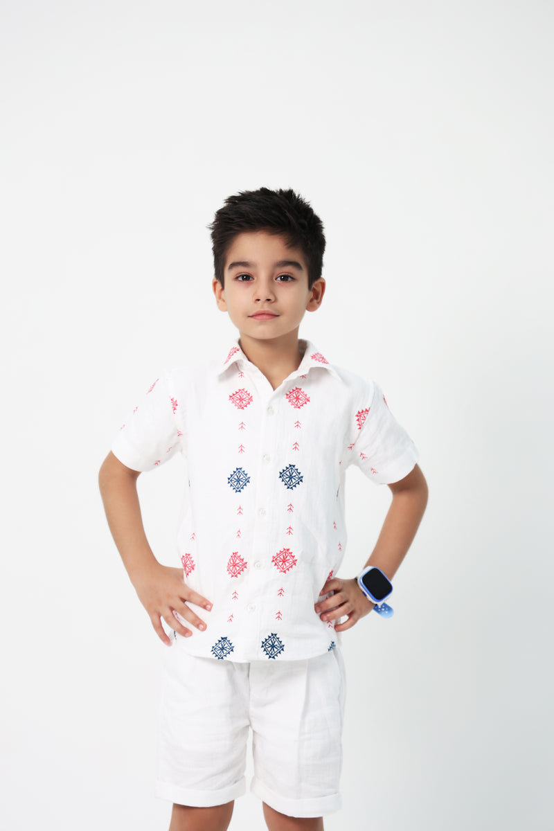 White Boys Embroidered Shirt & Shorts Co-ord Set