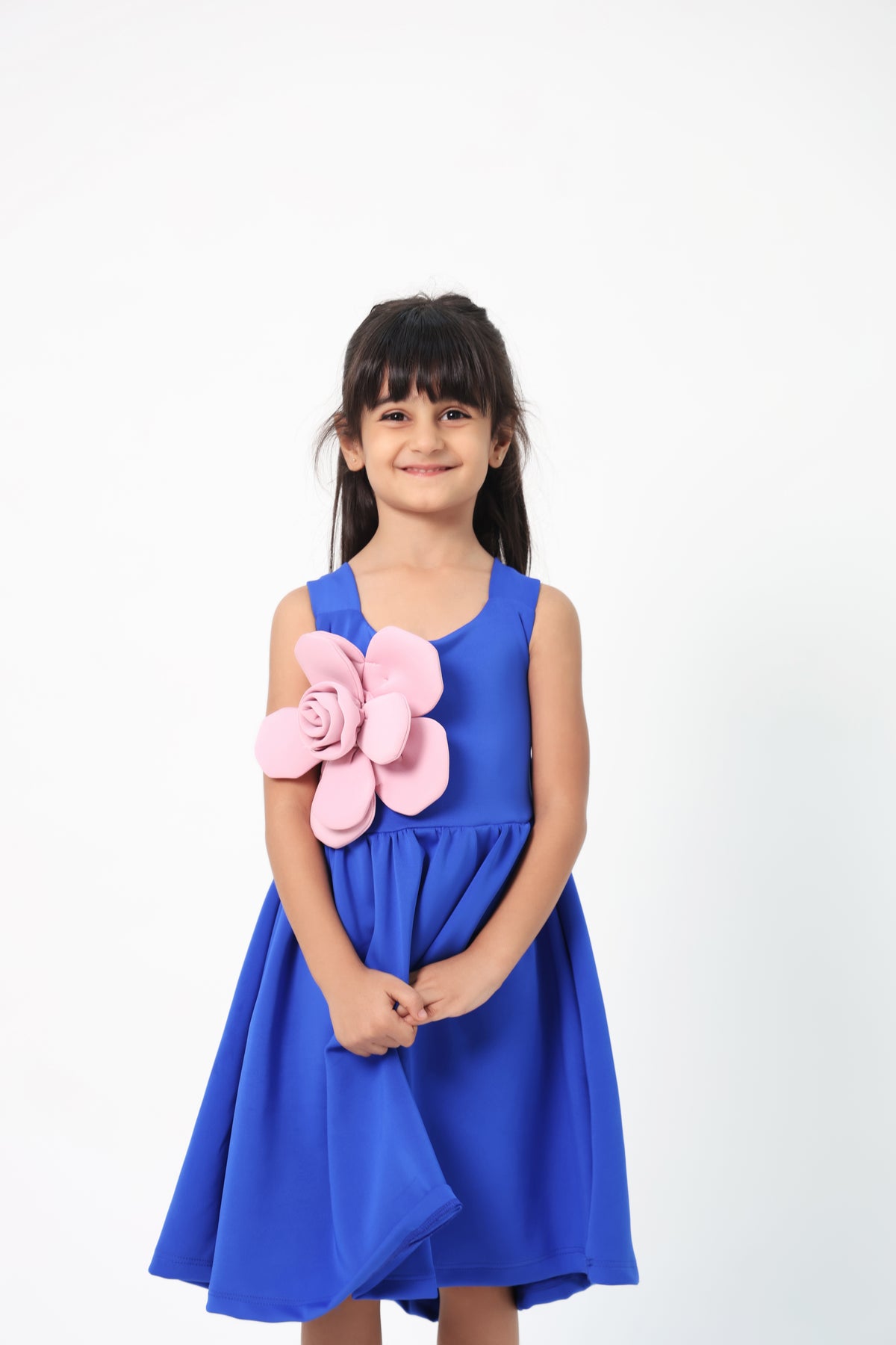 ZIP ZAP ZOOP Girls' Blue Party Dress with 3D Pink Flower Accent – Sleeveless Elegant Flared Dress